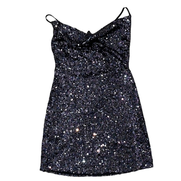Lulu’s Shimmery Delight Iridescent Sequin Cowl Neck Mini Dress in Purple Size S - Picture 3 of 8